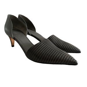 Vince Aurelian D'Orsay Leather Lizard Embossed Kitten Heel Pumps - Dark Gray 7.5